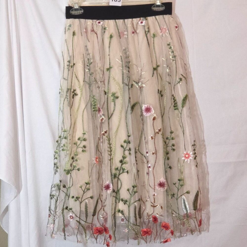 Floral Embroidered Mesh Tulle Midi Skirt Elastic Waist Fairycore Cottagecore M